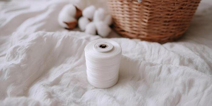 a-white-spool-of-thread-sits-on-a-textured-white-fabric-with-cotton-bolls-and-a-wicker-basket-in-the-soft-focus-background-photo